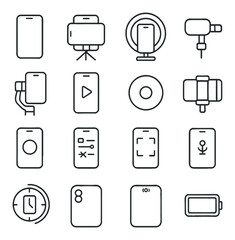 Mobile filmmaking icon collection. simple compose camera, tripod, stabilizer, recording, editing, phone silhouette