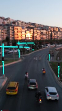 Abstract urban traffic time-lapse with bokeh lights at sunset. Blurred city traffic flow with warm golden hour lighting