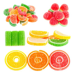 Assorted colorful fruit flavored gummy candies in various shapes and slices, close-up on bright and sweet treats, sugary textured jelly candies for snacking
