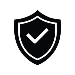 Shield Check Mark Flat Design Icon. Black shield with white check mark symbol silhouette for security and approval