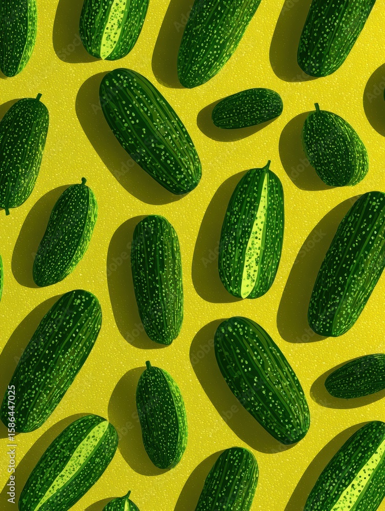 Aufkleber art of cucumbers with textured shadows on a bright yellow background showcasing various shapes and s