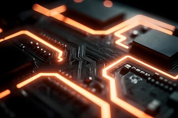 Electronic circuit board detail showcases glowing orange pathways and technological innovation for data processing.