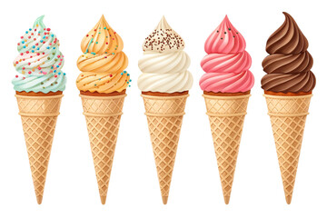 Five Colorful Ice Cream Cones with Sprinkles on a Black Background isolated on a transparent background