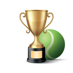 Vector 3d Realistic Golden Trophy Cup Icon with Tennis Ball. Sports Award Illustration for Tennis Tournament, Match Victory, Champion Prize, Sports Event Design, Competition Reward, Winner Concept