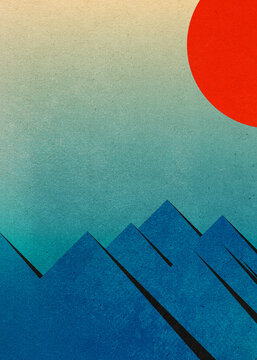 Blue sky with mountains, clouds and sun. Code-Generated Art Perfect for Posters and Decor.