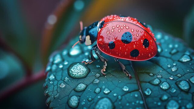Close-up of a vibrant red ladybug perched on a green leaf, glistening with water droplets, showcasing nature's beauty and intricate details in a serene environment