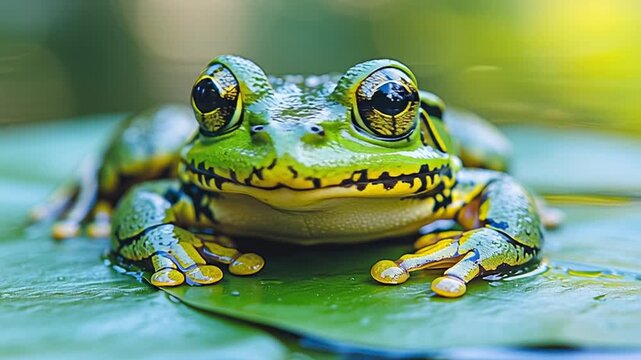 Close-up of a vibrant green frog resting on a large leaf, showcasing its intricate skin patterns and bright eyes, surrounded by a lush natural environment and soft lighting