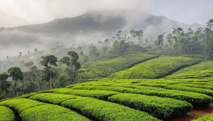 Lush green tea plantations on terraced hills, shrouded in mist, with mountains in the background.