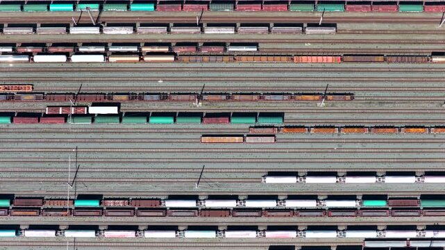Aerial view of trains in train yard in Ghent Belgium - Industrial transportation of good in European port 