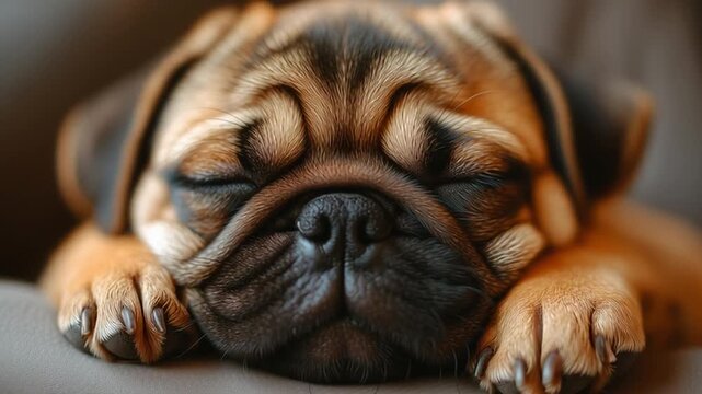 Adorable pug dog with expressive eyes resting on a soft surface, showcasing its unique facial features and playful personality in a cozy indoor environment