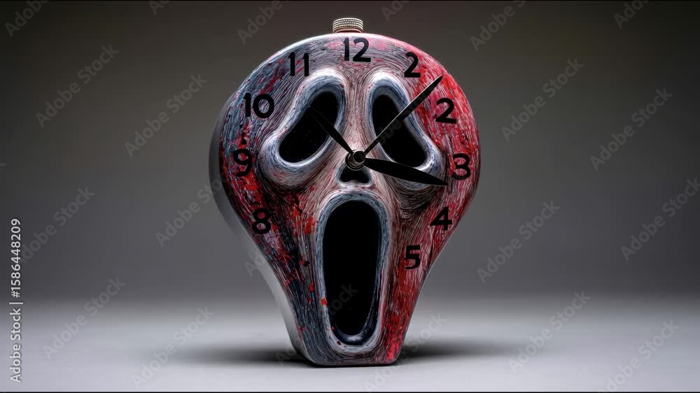 Poster alarm clock in the form of a mask ghost face with abstract texture