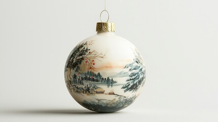 Decorative Christmas ornament featuring a serene winter landscape with trees and a cottage in a snow-covered setting