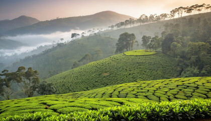 Lush green tea plantations cascade across rolling hills under a misty sky.