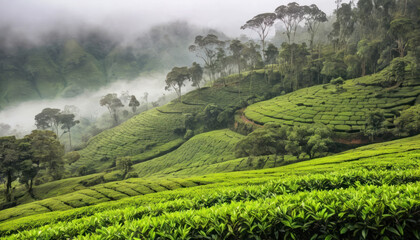 Lush green tea plantations cascade down a hillside shrouded in mist, with trees dotting the landscape.