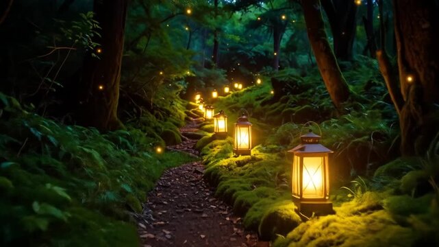 A serene forest path winds through verdant greenery, illuminated by glowing lanterns and scattered, ethereal lights