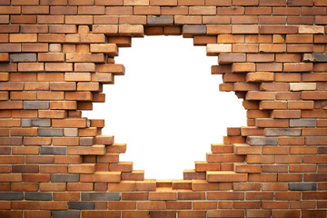 A circular hole is broken through a textured brick wall, revealing a bright transparent background