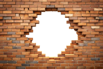 A circular hole is broken through a textured brick wall, revealing a bright transparent background