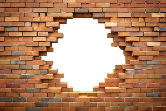 A circular hole is broken through a textured brick wall, revealing a bright transparent background