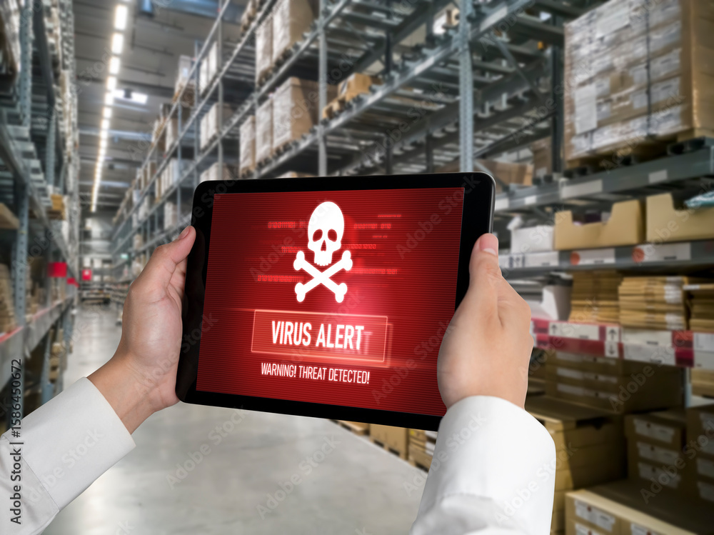 Poster virus warning alert on computer screen detected modish cyber threat , hacker, computer virus and mal