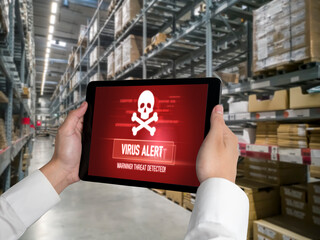 Virus warning alert on computer screen detected modish cyber threat , hacker, computer virus and...