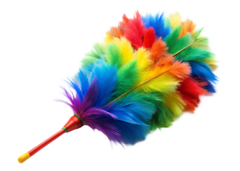 A vibrant rainbow feather duster is isolated on a transparent background, ready for cleaning
