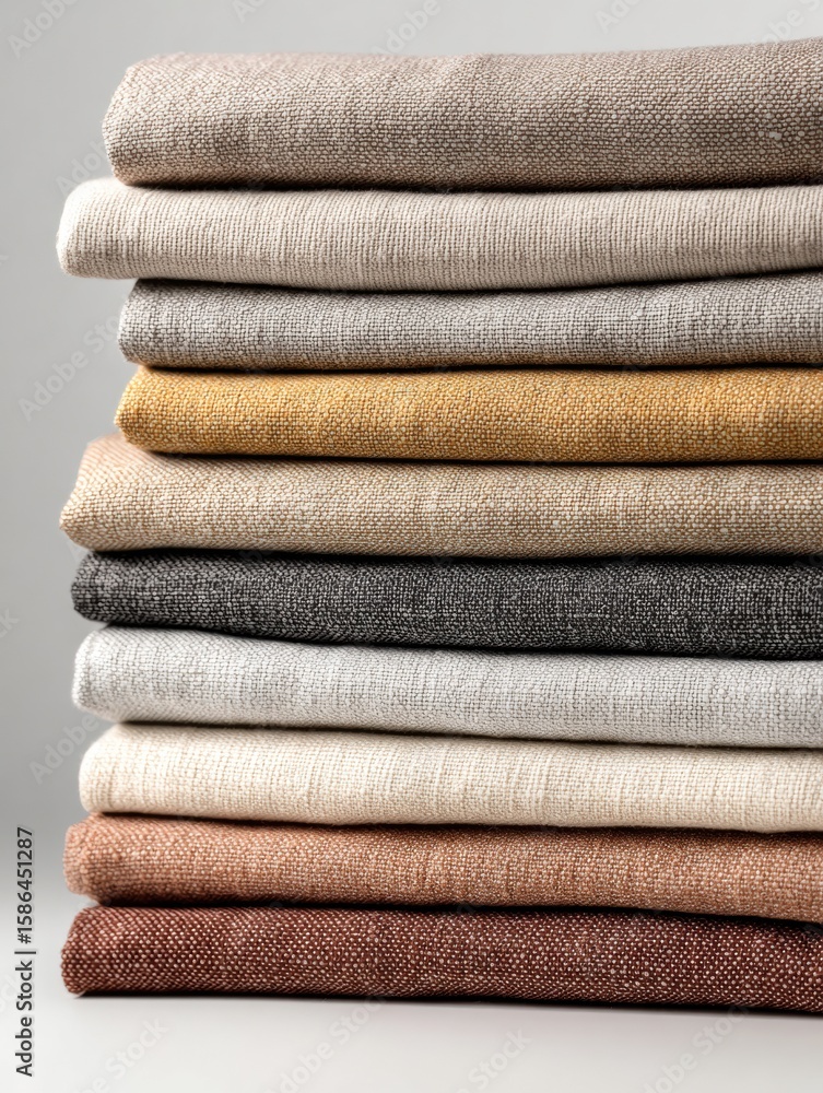 Aufkleber neatly folded stack of organic cotton fabrics in neutral colors displayed in a contemporary setting 
