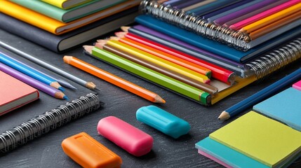 Fototapeta premium Colorful stationery assortment featuring notebooks, colored pencils, erasers, and sticky notes creates a vibrant and organized workspace or study environment.