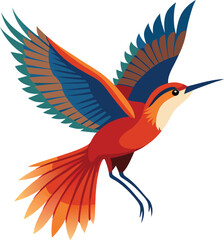 Stylized hummingbird with vibrant orange blue and brown feathers in flight