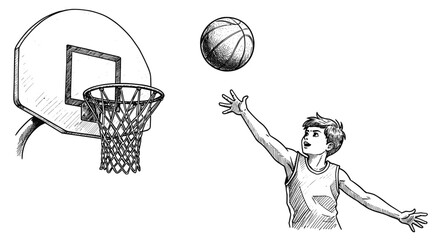 Vintage ink sketch boy playing basketball throwing ball into hoop black and white illustration engraving or woodcut SVG