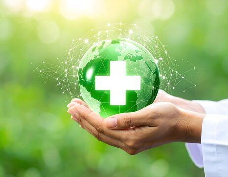 A doctor's hands gently hold a glowing green globe, a bright medical cross emanates from its center while a digital network embraces the sphere.