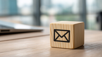 Mail Icon on Wooden Cube in Blurred Office Background Representing Communication, Connection, Information Exchange and Digital Correspondence, Business Wooden Cubes
