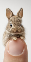 the smallest rabbit on the finger. nature conservation concept on white background	