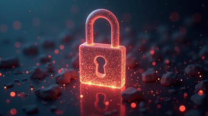 A futuristic concept of quantum cryptography: glowing particles forming intricate lock shapes