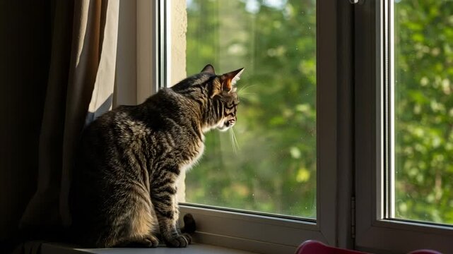 Stray cat on shelter windowsill looking outside. Emotional 3D scene symbolizing longing and hope. Realistic light and detail. No people, peaceful tone.