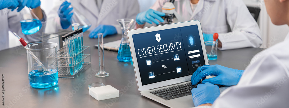 Poster cyber security system on computer screen protect private information brisk from hacker and cyber att