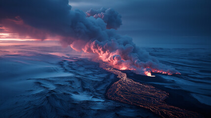 Dramatic Icelandic Volcano Erupting with Swirling Smoke over Glacial Ice and Rugged Lava Fields
