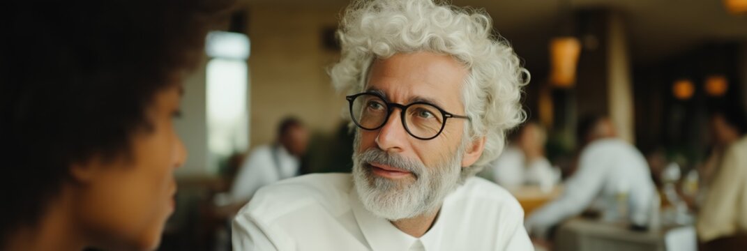 Elderly caucasian male with curly white hair and glasses conversing indoors