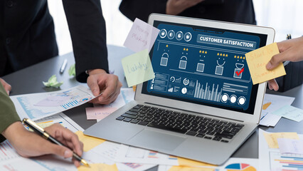 Analyst team use sticky note for creative and analytic brainstorm for business idea with BI data...