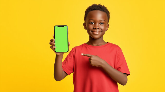 Smiling dark-skinned boy pointing at smartphone with green screen, ideal for tech ads, app promotion, digital content, and mockup presentations with copy space. - Powered by Adobe
