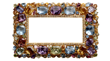 Opulent golden frame showcases a dazzling display of gemstones, amethyst, topaz, and other precious...