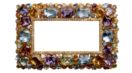Opulent golden frame showcases a dazzling display of gemstones, amethyst, topaz, and other precious colorful jewels against a sleek transparent background.