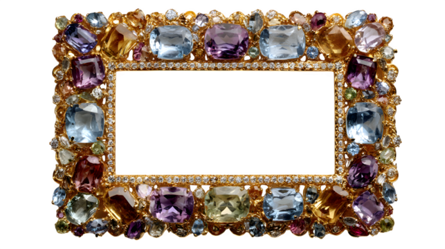 Opulent golden frame showcases a dazzling display of gemstones, amethyst, topaz, and other precious colorful jewels against a sleek transparent background.