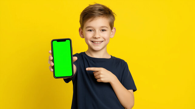 Smiling boy pointing at smartphone with green screen, ideal for mockup, app ads, digital content, or technology-themed presentations with copy space.