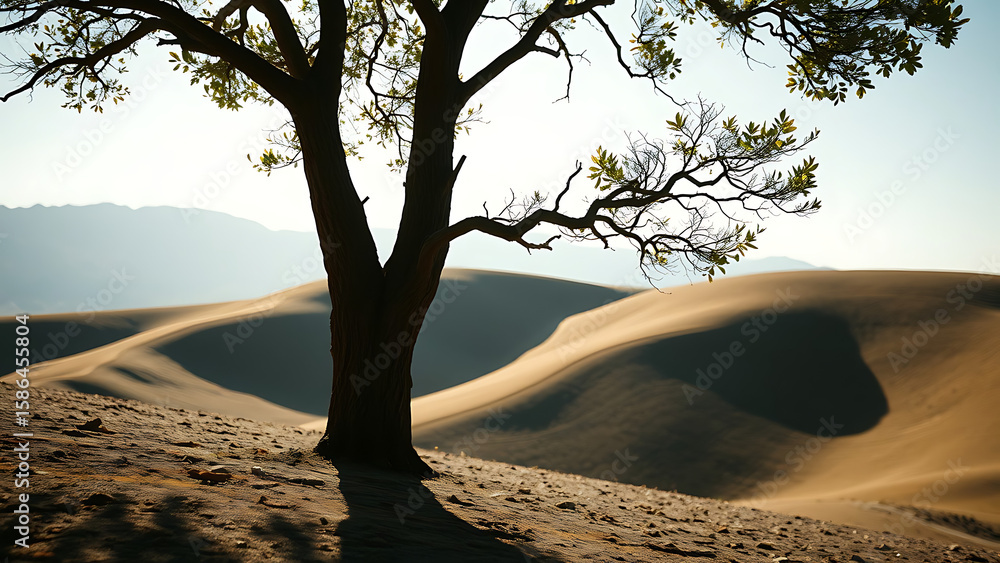 Poster tree trunk shadow on open slope and smooth terrain