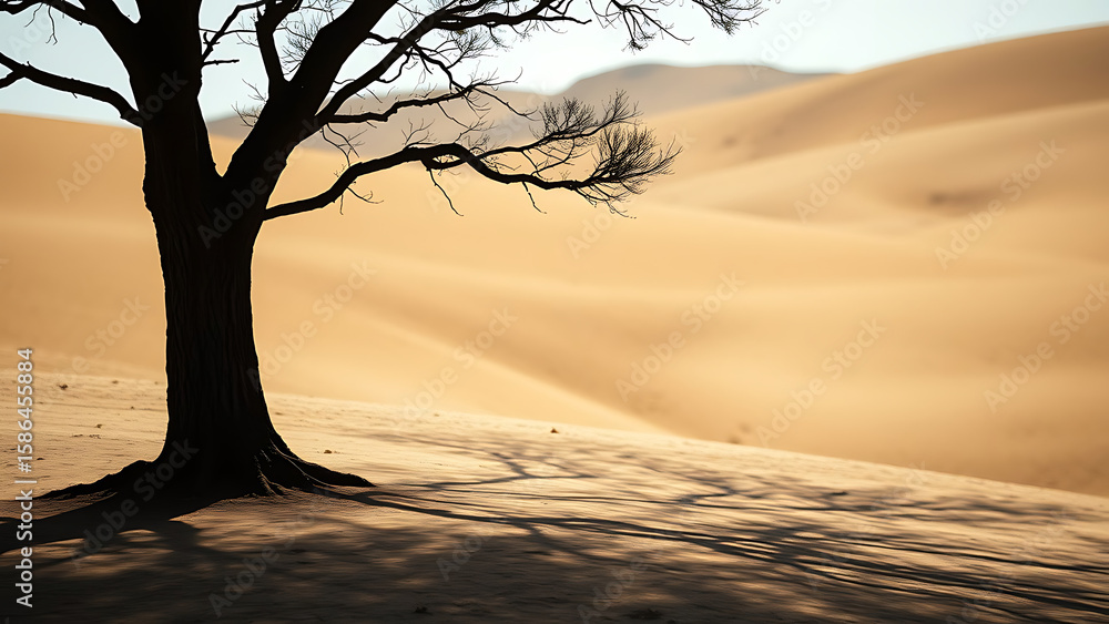 Poster tree trunk shadow on open slope and smooth terrain
