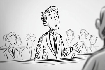 Judge Lawyer in court speaking to the jury line drawing style, thick lines, cartoon explainer video style, generated image