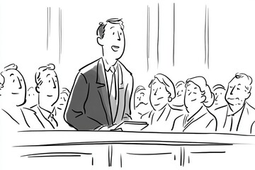 Judge Lawyer in court speaking to the jury line drawing style, thick lines, cartoon explainer video style, generated image