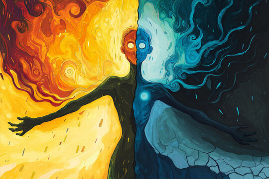 Abstract art illustrating bipolar disorder: a figure split into fiery mania and cool depression, symbolizing mood swings and emotional extremes.