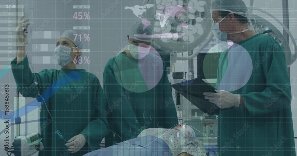 Aufkleber surgical team checking vitals and adjusting iv bag while animated graphs guiding next phase