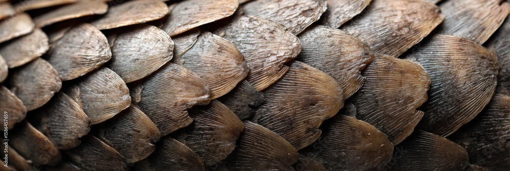 Poster macro detail showcases unique pangolin scales with intricate patterns and textures highlighting the 